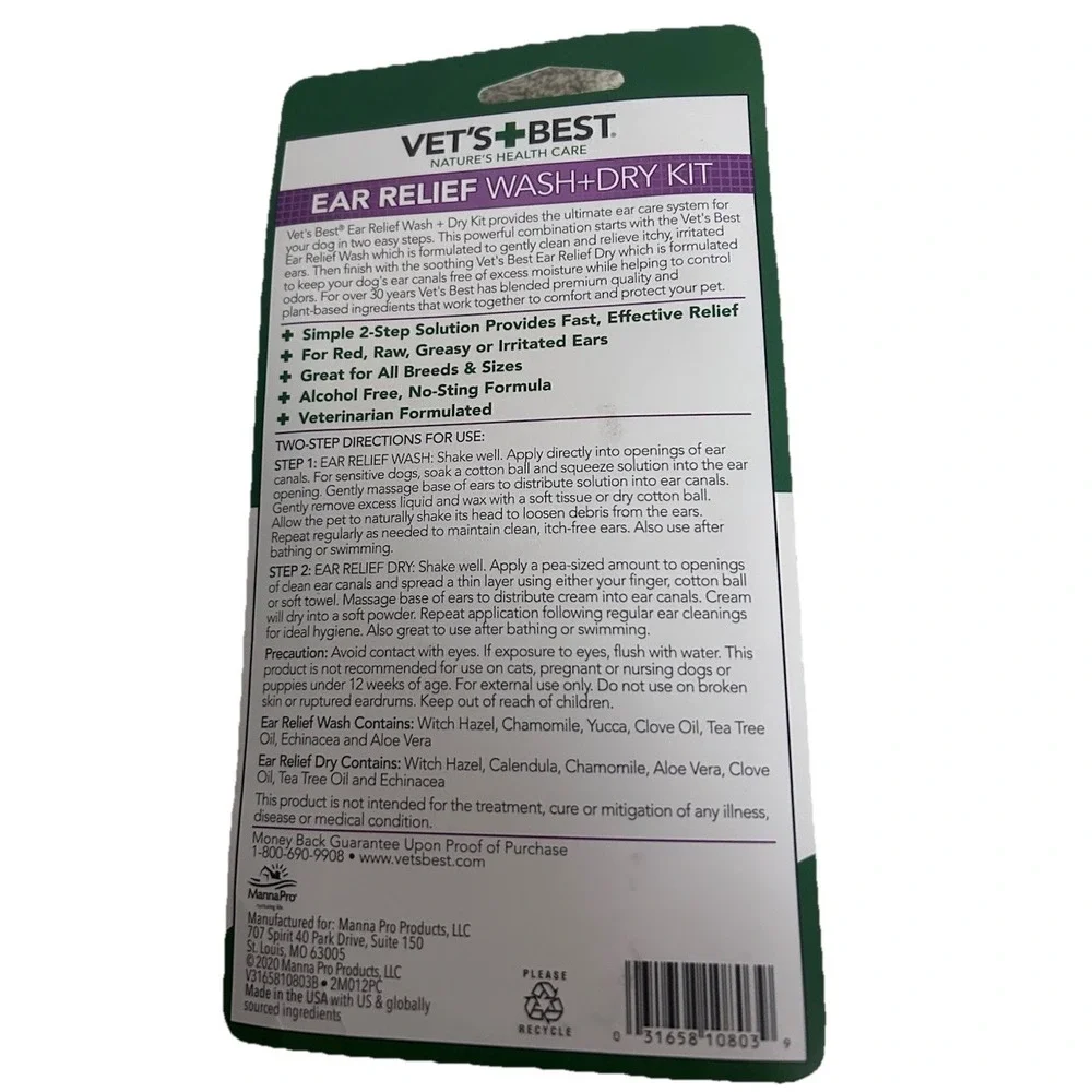 Vets Best Ear Relief Wash + Dry Kit New in Box